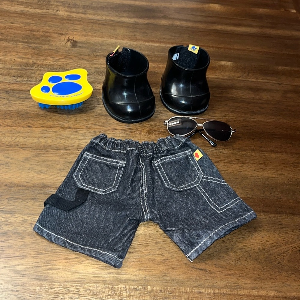 Build a Bear boots - sunglasses - shorts and brush